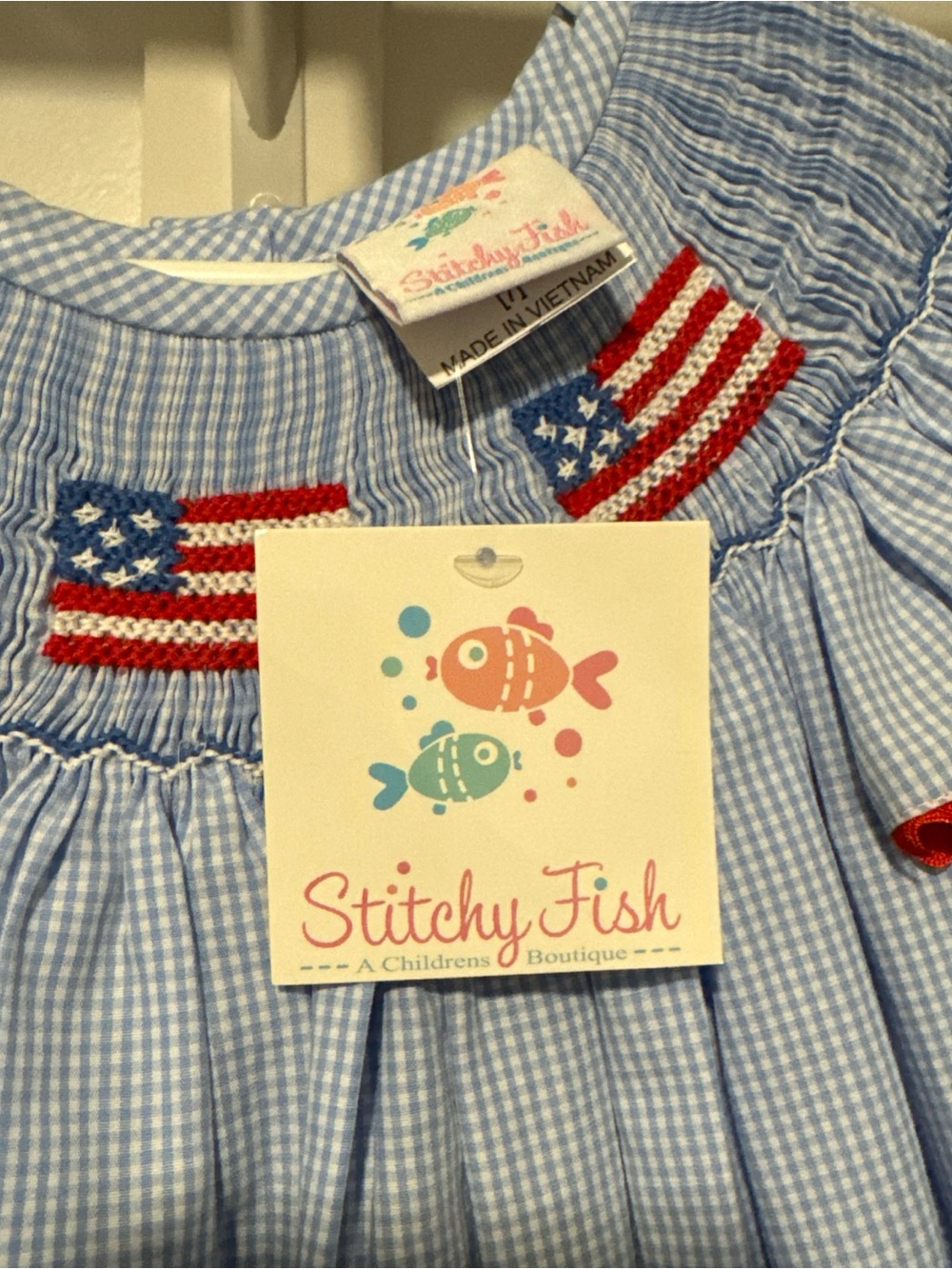 Stitchy Fish Girls' Blue Gingham Dress with Flag Smocking - Picture 3 of 7